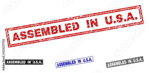 Grunge ASSEMBLED IN U.S.A. rectangle stamp seals isolated on a white background. Rectangular seals with grunge texture in red, blue, black and grey colors. Vector rubber overlay of ASSEMBLED IN U.S.A.