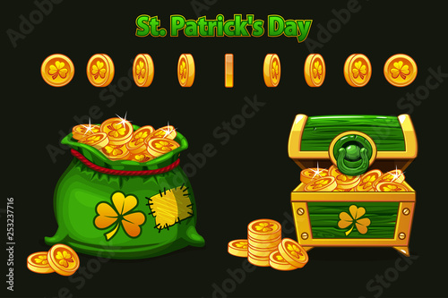 Treasure chest and money bag in green. Symbols for the feast of St. Patrick. Vctor Animation of a coin with clover for 2D games