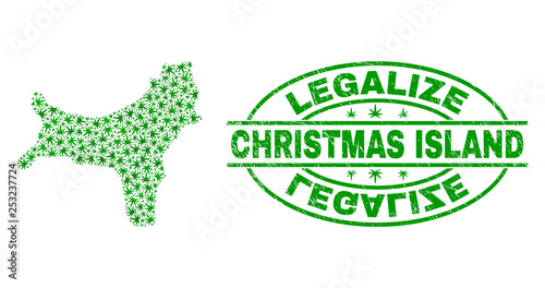 Vector cannabis Christmas Island map collage and grunge textured Legalize stamp seal. Concept with green weed leaves. Concept for cannabis legalize campaign.