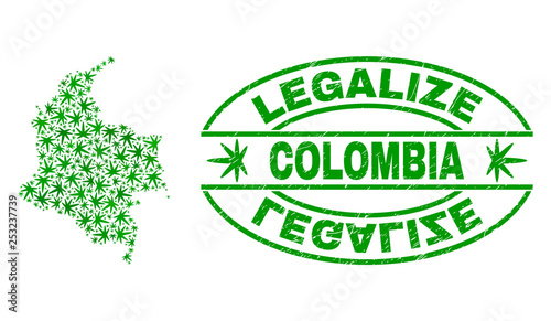 Vector marijuana Colombia map mosaic and grunge textured Legalize stamp seal. Concept with green weed leaves. Concept for cannabis legalize campaign.