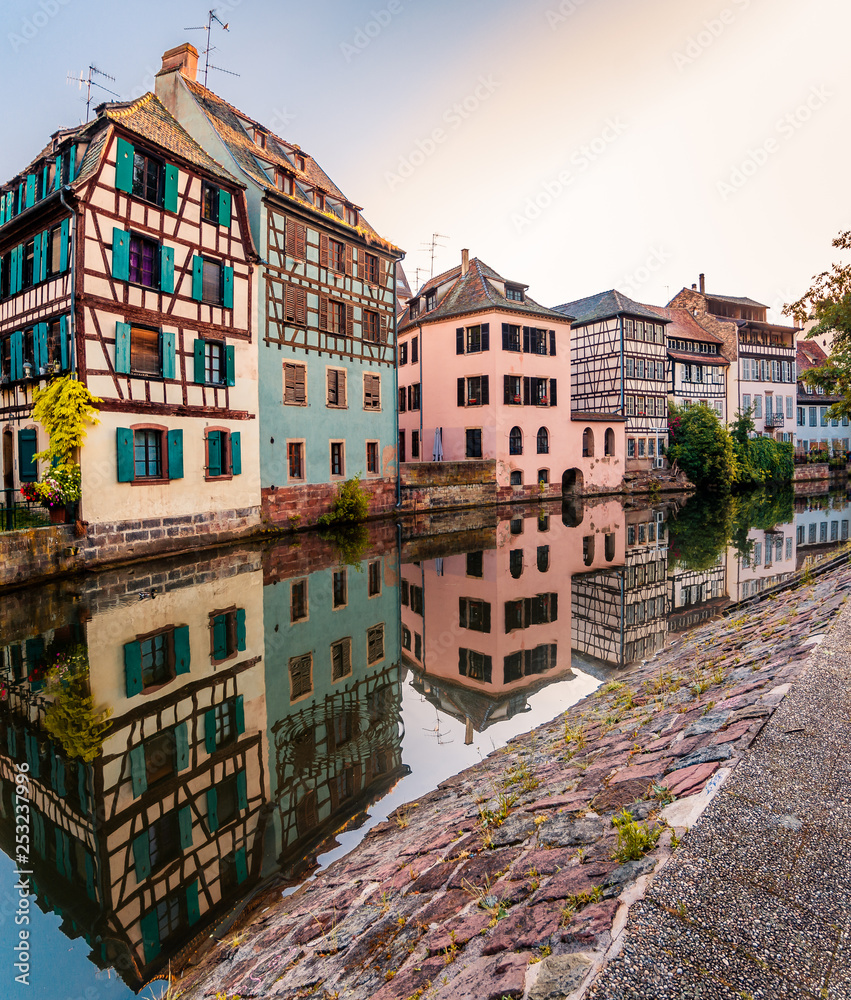 Traditional half-timbered houses on picturesque canals in La Petite France in the medieval fairytale town of Strasbourg, UNESCO World Heritage Site, Alsace, France