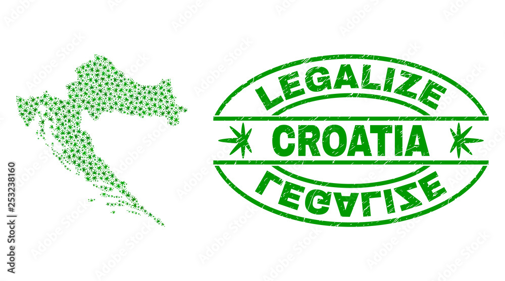 Vector cannabis Croatia map collage and grunge textured Legalize stamp seal. Concept with green weed leaves. Concept for cannabis legalize campaign. Vector Croatia map is organized from weed leaves.