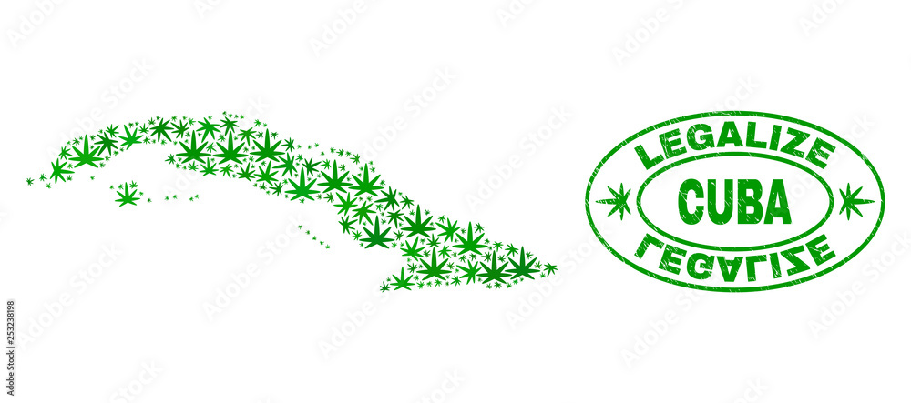 Vector cannabis Cuba map collage and grunge textured Legalize stamp seal. Concept with green weed leaves. Concept for cannabis legalize campaign. Vector Cuba map is organized with cannabis leaves.