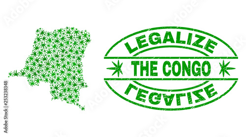 Vector cannabis Democratic Republic of the Congo map collage and grunge textured Legalize stamp seal. Concept with green weed leaves. Template for cannabis legalize campaign.