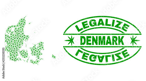Vector cannabis Denmark map mosaic and grunge textured Legalize stamp seal. Concept with green weed leaves. Concept for cannabis legalize campaign. Vector Denmark map is designed with weed leaves.