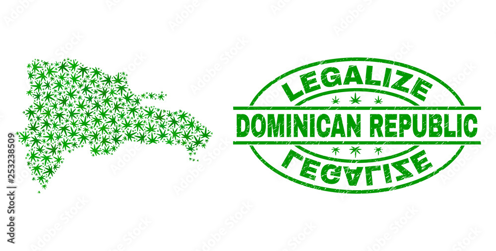 Vector cannabis Dominican Republic map mosaic and grunge textured Legalize stamp seal. Concept with green weed leaves. Concept for cannabis legalize campaign.