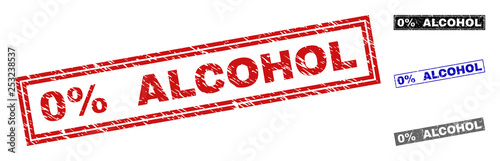 Grunge 0% ALCOHOL rectangle stamp seals isolated on a white background. Rectangular seals with distress texture in red, blue, black and gray colors.