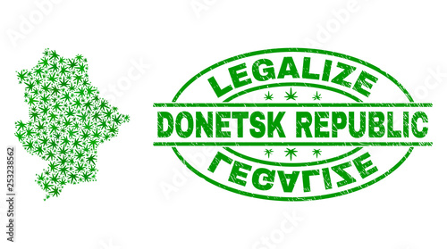 Vector cannabis Donetsk Republic map mosaic and grunge textured Legalize stamp seal. Concept with green weed leaves. Concept for cannabis legalize campaign.