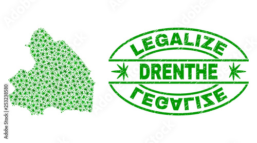 Vector cannabis Drenthe Province map mosaic and grunge textured Legalize stamp seal. Concept with green weed leaves. Template for cannabis legalize campaign.