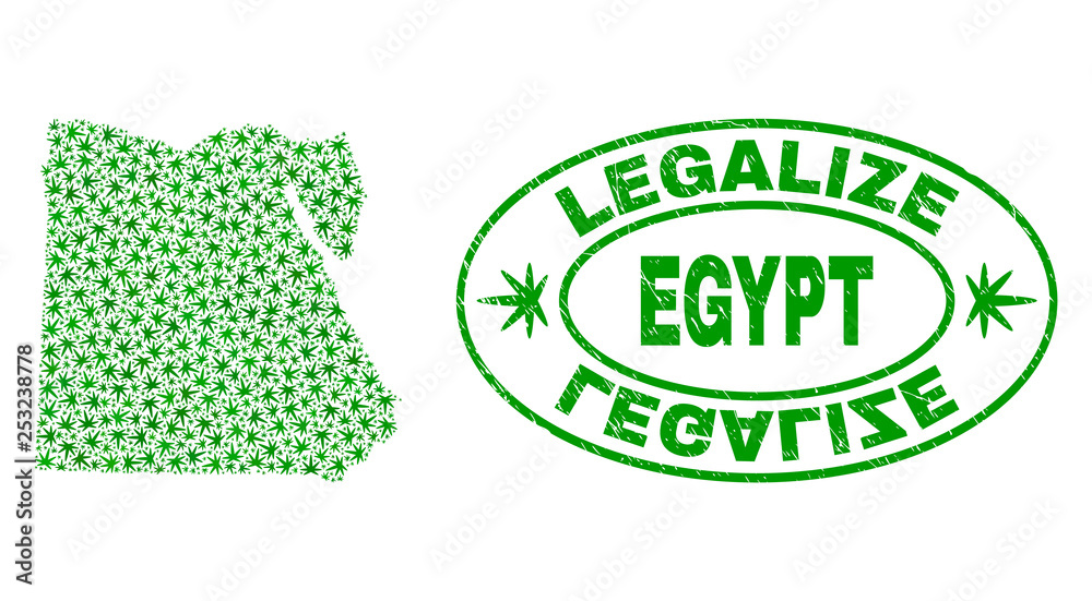Vector cannabis Egypt map collage and grunge textured Legalize stamp seal. Concept with green weed leaves. Concept for cannabis legalize campaign. Vector Egypt map is organized with marijuana leaves.