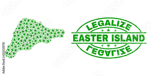 Vector cannabis Easter Island map mosaic and grunge textured Legalize stamp seal. Concept with green weed leaves. Concept for cannabis legalize campaign.