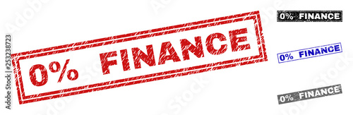 Grunge 0% FINANCE rectangle stamp seals isolated on a white background. Rectangular seals with grunge texture in red, blue, black and grey colors.