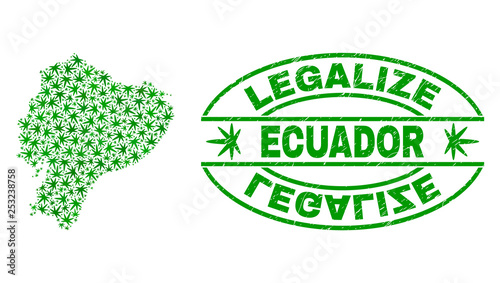 Vector cannabis Ecuador map collage and grunge textured Legalize stamp seal. Concept with green weed leaves. Concept for cannabis legalize campaign.
