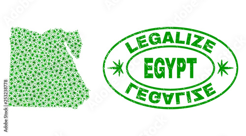 Vector cannabis Egypt map collage and grunge textured Legalize stamp seal. Concept with green weed leaves. Concept for cannabis legalize campaign. Vector Egypt map is organized with marijuana leaves.