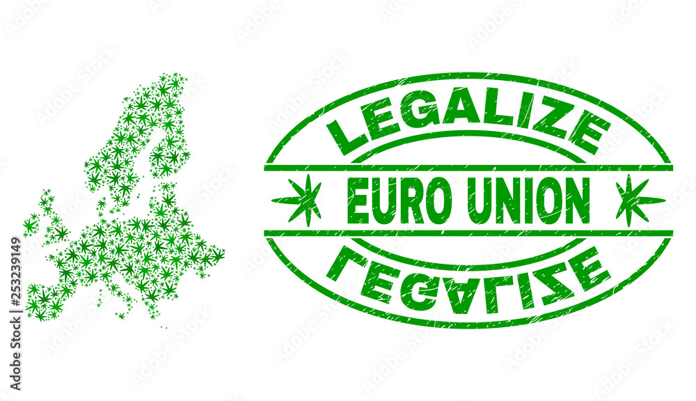 Vector cannabis Euro Union map collage and grunge textured Legalize stamp seal. Concept with green weed leaves. Concept for cannabis legalize campaign.