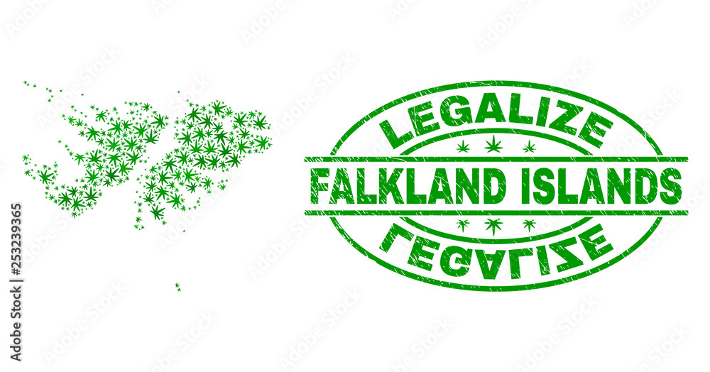 Vector cannabis Falkland Islands map mosaic and grunge textured Legalize stamp seal. Concept with green weed leaves. Concept for cannabis legalize campaign.