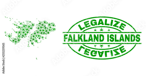 Vector cannabis Falkland Islands map mosaic and grunge textured Legalize stamp seal. Concept with green weed leaves. Concept for cannabis legalize campaign.