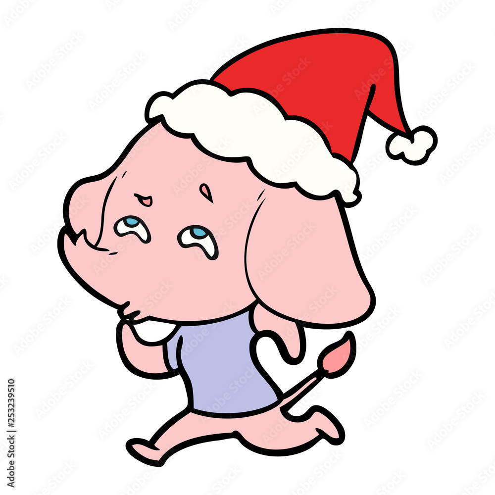 line drawing of a elephant remembering wearing santa hat