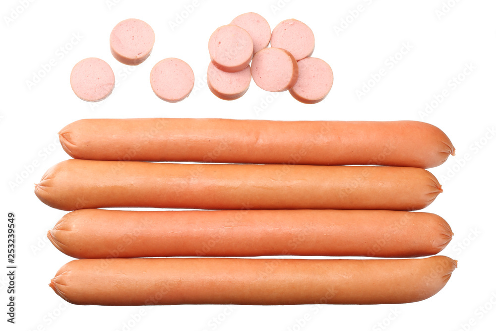 boiled sausages isolated on white background. top view boiled sausages isolated on white background. top view