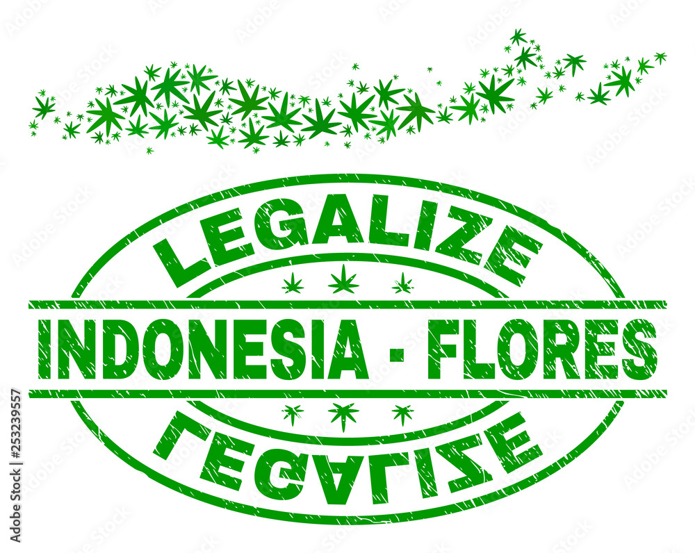 Vector cannabis Flores Islands of Indonesia map collage and grunge textured Legalize stamp seal. Concept with green weed leaves. Concept for cannabis legalize campaign.