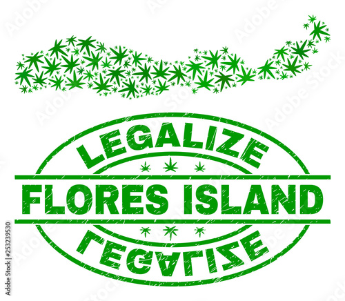 Vector cannabis Flores Island of Indonesia map collage and grunge textured Legalize stamp seal. Concept with green weed leaves. Concept for cannabis legalize campaign.