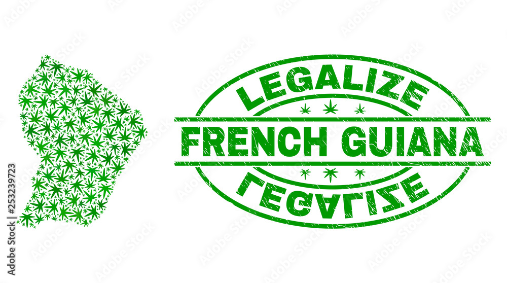 Vector cannabis French Guiana map collage and grunge textured Legalize stamp seal. Concept with green weed leaves. Concept for cannabis legalize campaign.