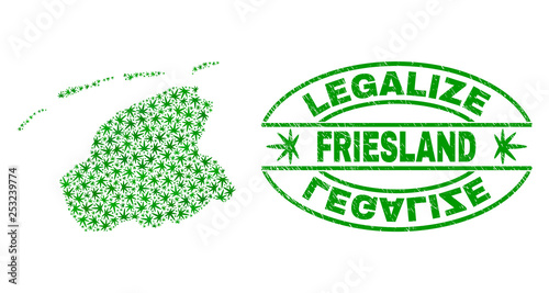 Vector cannabis Friesland Province map collage and grunge textured Legalize stamp seal. Concept with green weed leaves. Concept for cannabis legalize campaign.