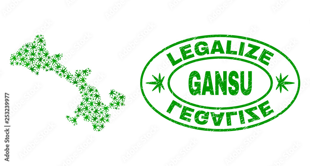 Vector cannabis Gansu Province map mosaic and grunge textured Legalize stamp seal. Concept with green weed leaves. Concept for cannabis legalize campaign.
