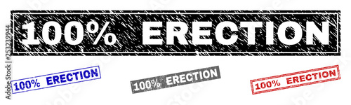Grunge 100% ERECTION rectangle stamp seals isolated on a white background. Rectangular seals with grunge texture in red, blue, black and grey colors.