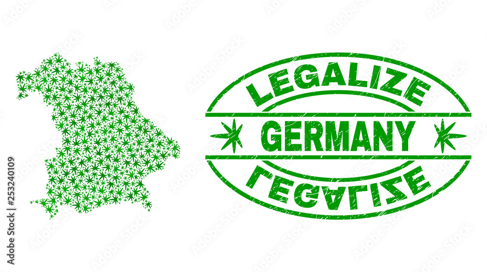 Vector cannabis Germany map mosaic and grunge textured Legalize stamp seal. Concept with green weed leaves. Concept for cannabis legalize campaign. Vector Germany map is organized with weed leaves.