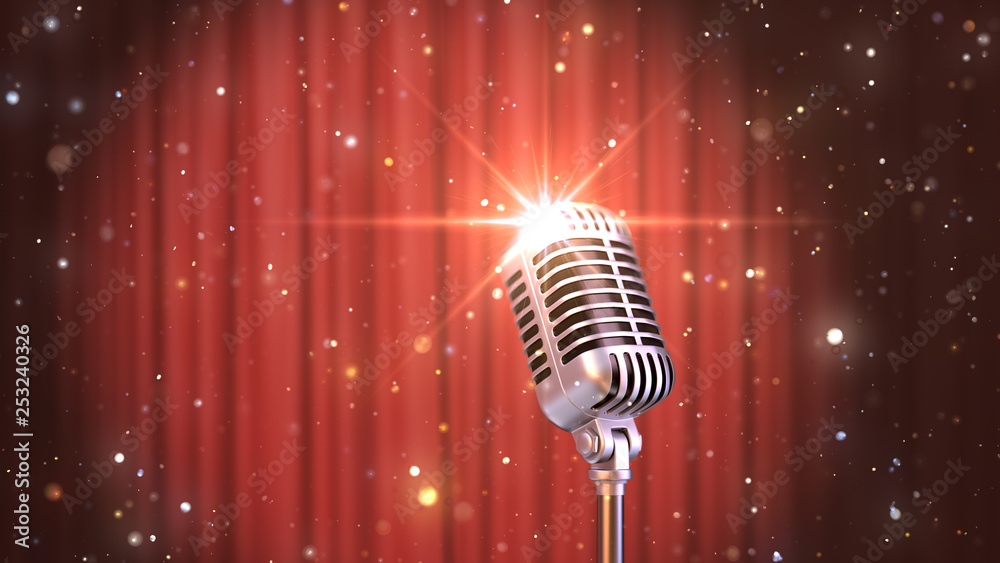 Stand Up Background Retro Microphone with the Red Curtains, 3d Render
