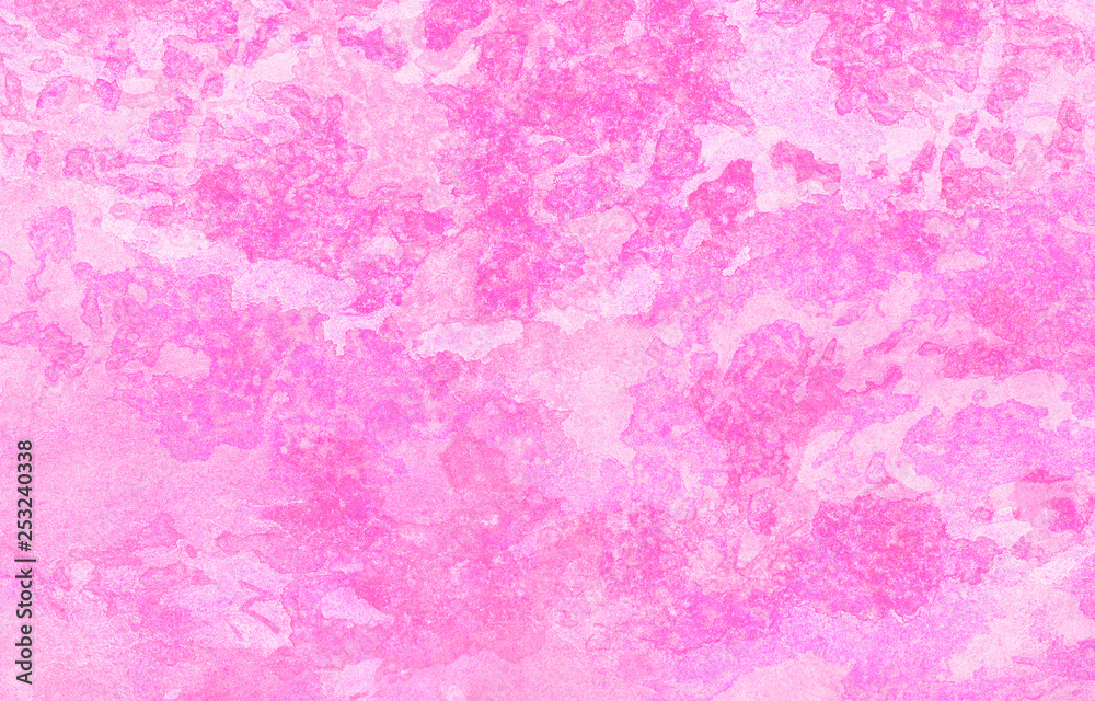 Grunge paint light pink watercolour background on white paper texture. Abstract soft magenta shades aquarelle illustration. Watercolor canvas for creative design, vintage cards, retro templates.
