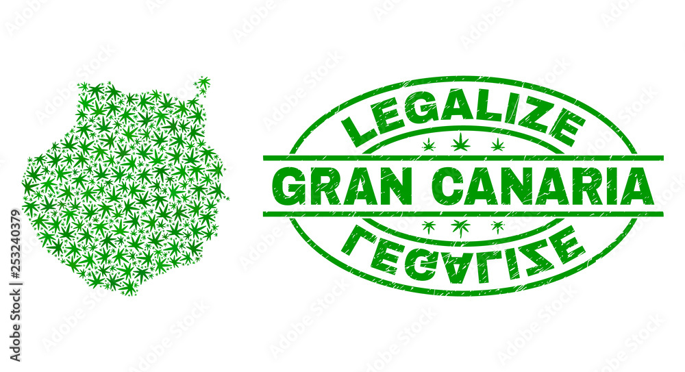 Vector marijuana Gran Canaria map collage and grunge textured Legalize stamp seal. Concept with green weed leaves. Concept for cannabis legalize campaign.