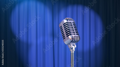 Obraz na płótnie Retro Microphone and a Blue Curtain with Spotlights, 3d Render w salonie