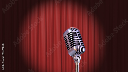 Red Curtain with Spotlight and Vintage Microphone, 3d Render