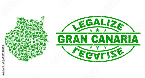 Vector marijuana Gran Canaria map collage and grunge textured Legalize stamp seal. Concept with green weed leaves. Concept for cannabis legalize campaign.