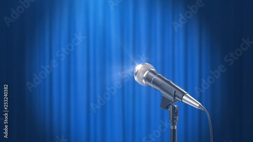Microphone and a Blue Curtain Background, 3d Render