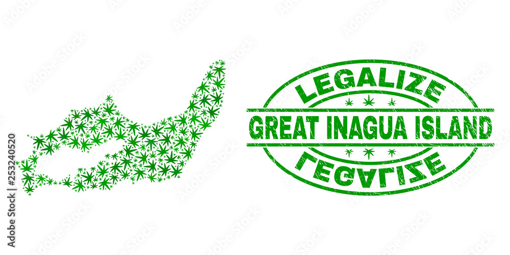 Vector cannabis Great Inagua Island map mosaic and grunge textured Legalize stamp seal. Concept with green weed leaves. Concept for cannabis legalize campaign.