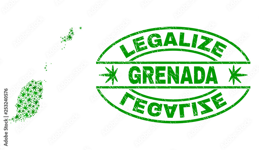 Vector cannabis Grenada map collage and grunge textured Legalize stamp seal. Concept with green weed leaves. Template for cannabis legalize campaign.