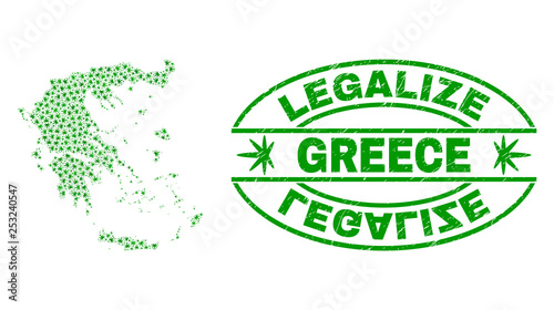 Vector cannabis Greece map collage and grunge textured Legalize stamp seal. Concept with green weed leaves. Concept for cannabis legalize campaign. Vector Greece map is organized with cannabis leaves.
