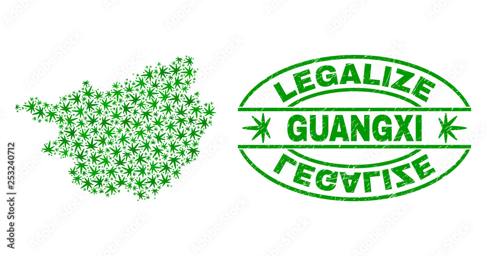 Vector cannabis Guangxi Province map mosaic and grunge textured Legalize stamp seal. Concept with green weed leaves. Concept for cannabis legalize campaign.
