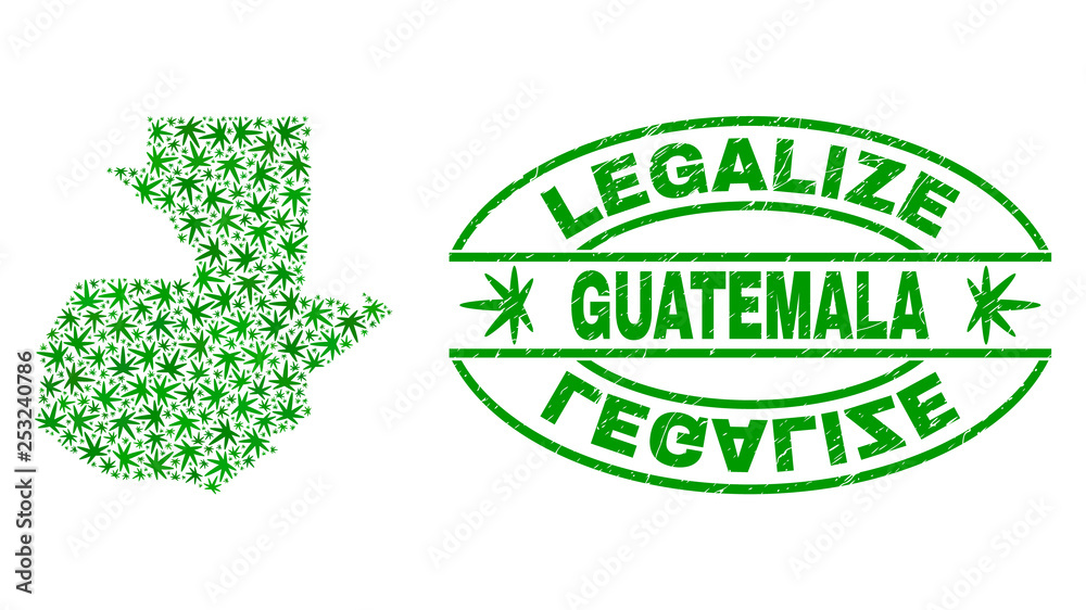 Vector cannabis Guatemala map collage and grunge textured Legalize stamp seal. Concept with green weed leaves. Concept for cannabis legalize campaign. Vector Guatemala map is composed of weed leaves.