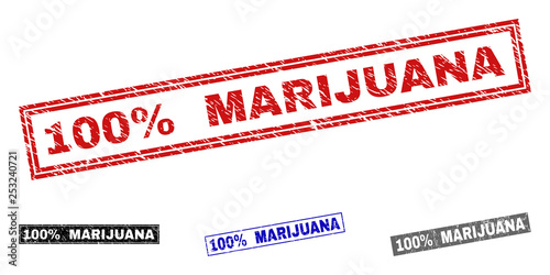 Grunge 100% MARIJUANA rectangle stamp seals isolated on a white background. Rectangular seals with grunge texture in red, blue, black and grey colors.