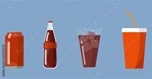 Soda. Soda soft drinks bottle, can, glass, cup flat vector illustration set. Banner, poster, restaurant, cafe, bar menu design concept idea.