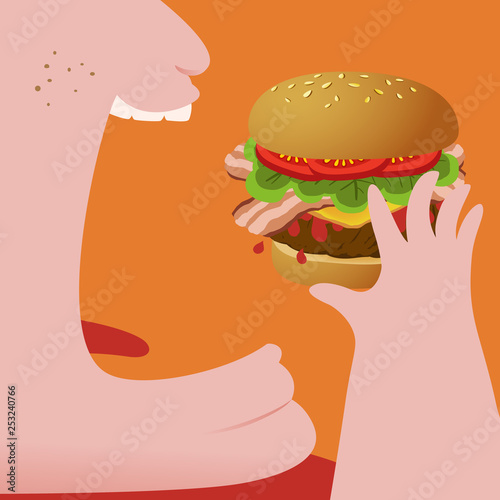 Close up of Fat Man eating hamburger