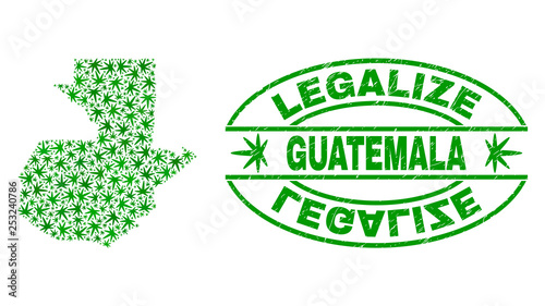 Vector cannabis Guatemala map collage and grunge textured Legalize stamp seal. Concept with green weed leaves. Concept for cannabis legalize campaign. Vector Guatemala map is composed of weed leaves.