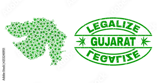 Vector cannabis Gujarat State map mosaic and grunge textured Legalize stamp seal. Concept with green weed leaves. Concept for cannabis legalize campaign.