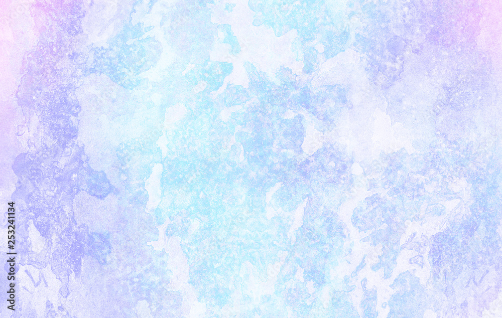 Frost textured pastel light blue, purple and pink shades watercolor background. Grunge aquarelle paint paper canvas for design, vintage card, template. Multicolor gradient handmade illustration