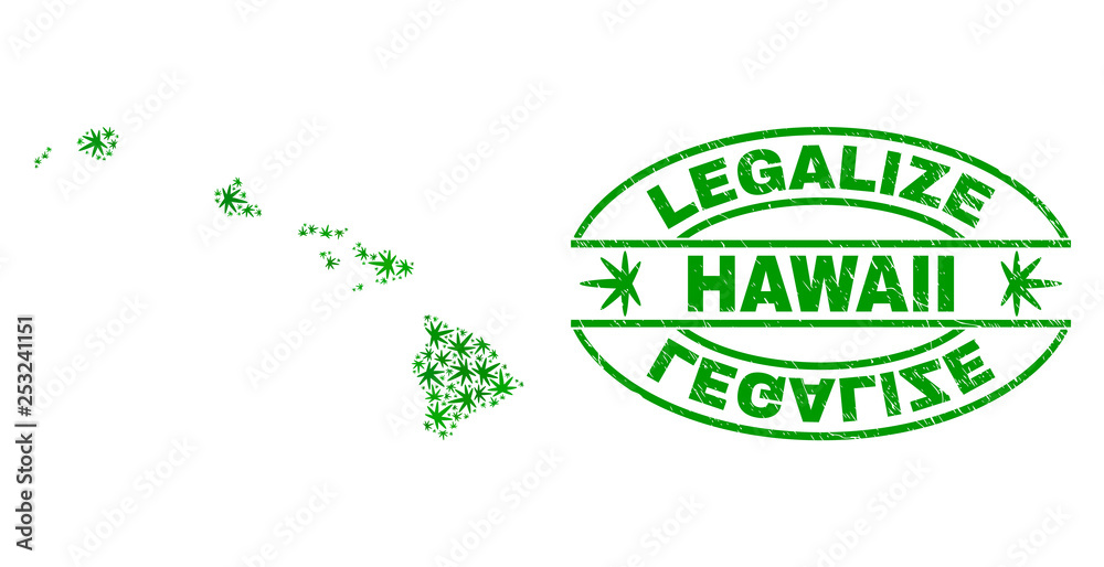 Vector marijuana Hawaii State map collage and grunge textured Legalize stamp seal. Concept with green weed leaves. Concept for cannabis legalize campaign.