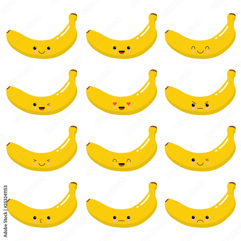 Very cute Kawaii banana fruit. Set of emotions. Vector design
